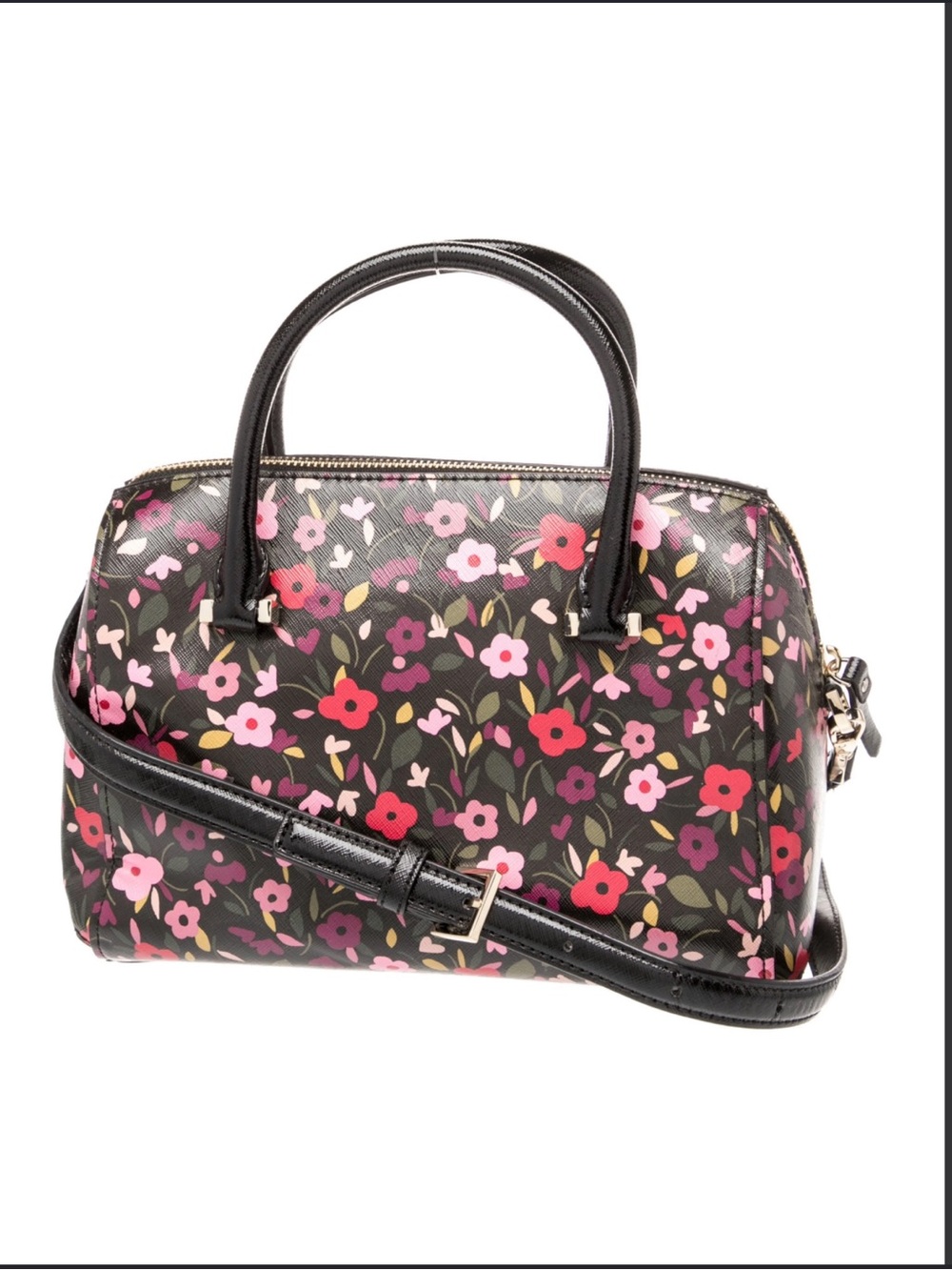 Floral-print Black Dome Satchel Handbag with Removable Strap